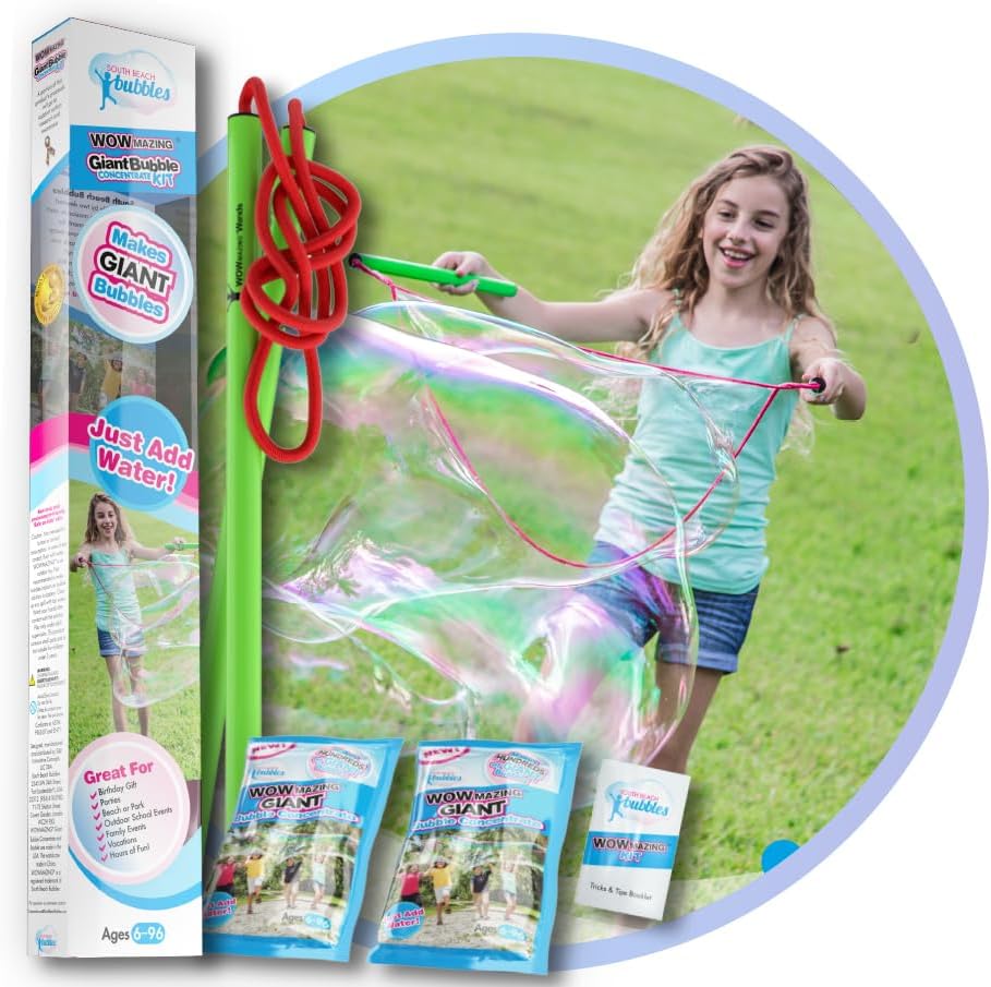 WOWmazing Giant Bubble Wand & Concentrate Kit creating giant colorful bubbles with 2-handle wand and bubble concentrate.