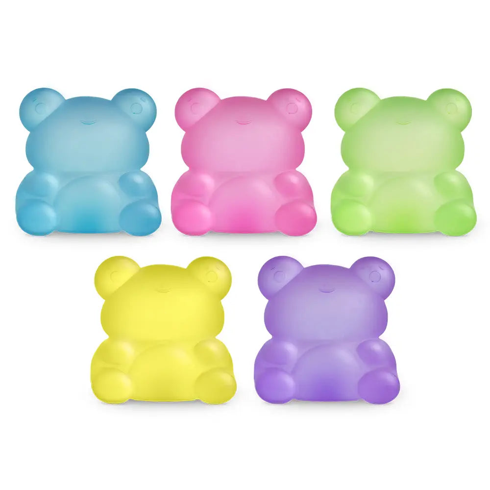 Five colorful Super Duper Sugar Squisher Frog toys in blue, pink, green, yellow, and purple colors.