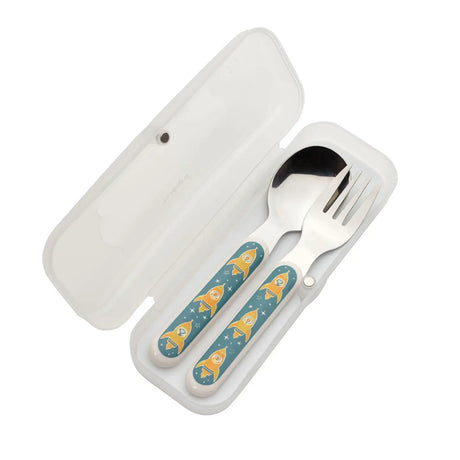 Child’s silverware set with fork and spoon featuring colorful rocket ship handles in a white carrying case