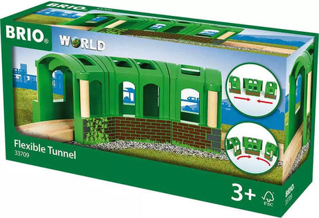 BRIO World Flexible Tunnel set with three green connectable tunnels made of FSC certified wood and plastic pieces.