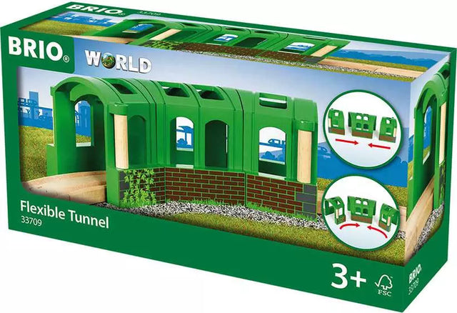 BRIO World Flexible Tunnel set with three green connectable tunnels made of FSC certified wood and plastic pieces.