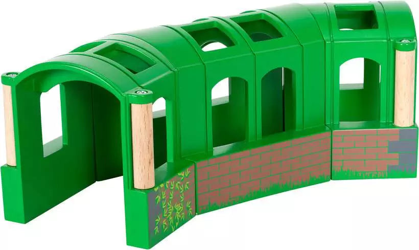 Flexible Tunnel toy featuring three green connected tunnel pieces with windows and wooden supports for imaginative play.