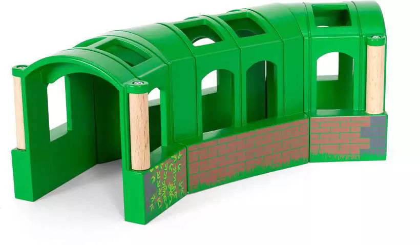 Flexible Tunnel toy with three green curved tunnel pieces made of wood and plastic for BRIO World railway sets.