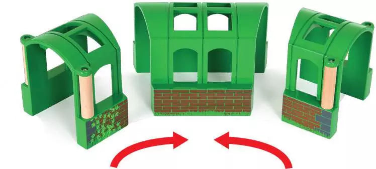 Flexible Tunnel toy pieces in green, showing three separate tunnel sections for creative railway play.