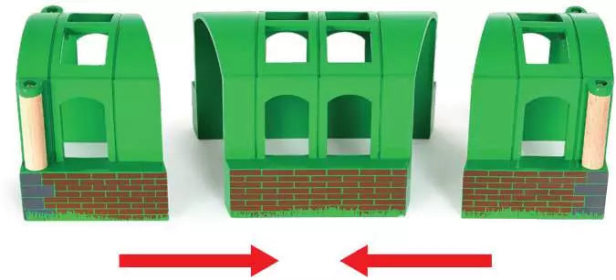 Flexible Tunnel with three green tunnel pieces that can be connected or placed separately for BRIO railway play.