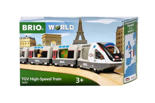 TGV High-Speed Train toy set with detailed engines, passenger carriages, and BRIO World characters on curved wooden tracks.