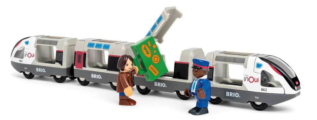 TGV High-Speed Train toy set featuring detailed high-speed engines, passenger carriages, two characters, and suitcase accessory.