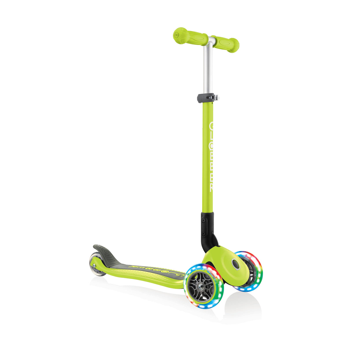 Scooter Primo Light Up Foldable | Green three-wheel kids scooter with LED light-up wheels and adjustable T-bar for ages 3-7+.