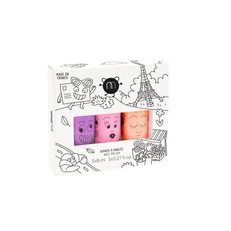 Nail Polish Set Paris with 3 pearly neon colors lilac, pink, and coral in kid-friendly, water-based formula.