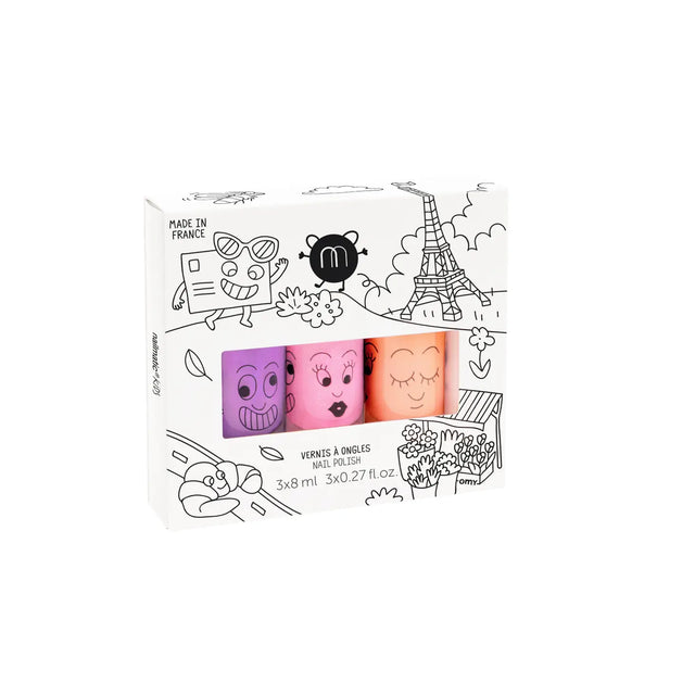 Nail Polish Set Paris with 3 pearly neon colors lilac, pink, and coral in kid-friendly, water-based formula.