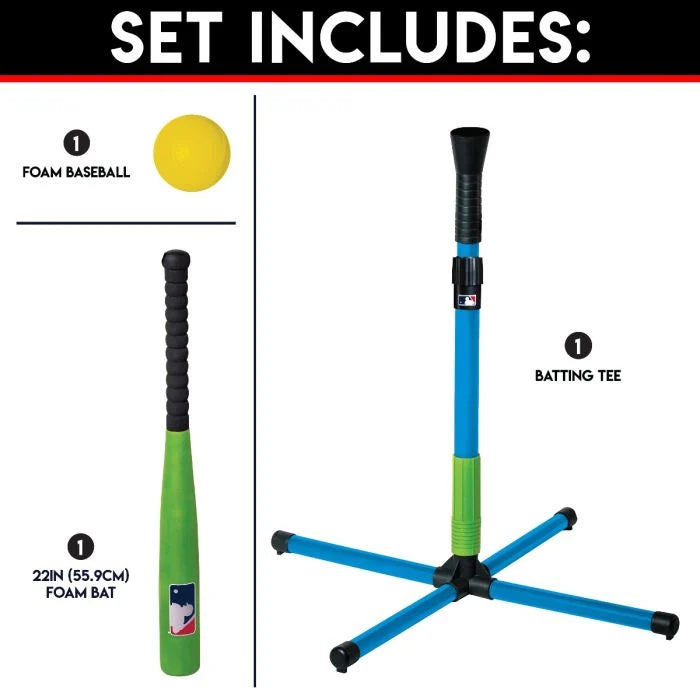 MLB Foam Youth XT Batting Tee Set with adjustable tee, 22-inch foam bat, and foam baseball for beginners.