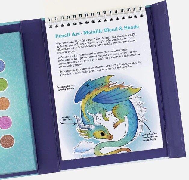 Pencil Art set open showing a metallic blend and shade technique page with a colorful dragon illustration.