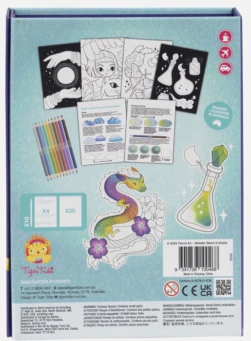 Pencil Art set with metallic pencils, coloring pages, and technique guide featuring magical and celestial illustrations.