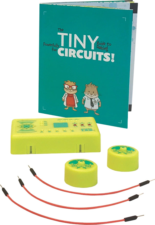 Mini microprocessor kit with manual, two yellow round modules, and three red hookup wires for learning circuits and electronics.