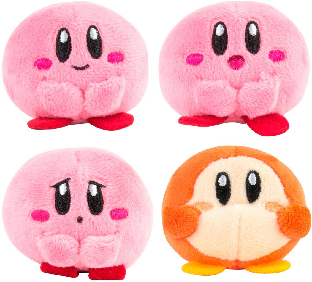 Kirby Plush Cutie showing three pink Kirby plush toys with different expressions and one Waddle Dee plush toy.