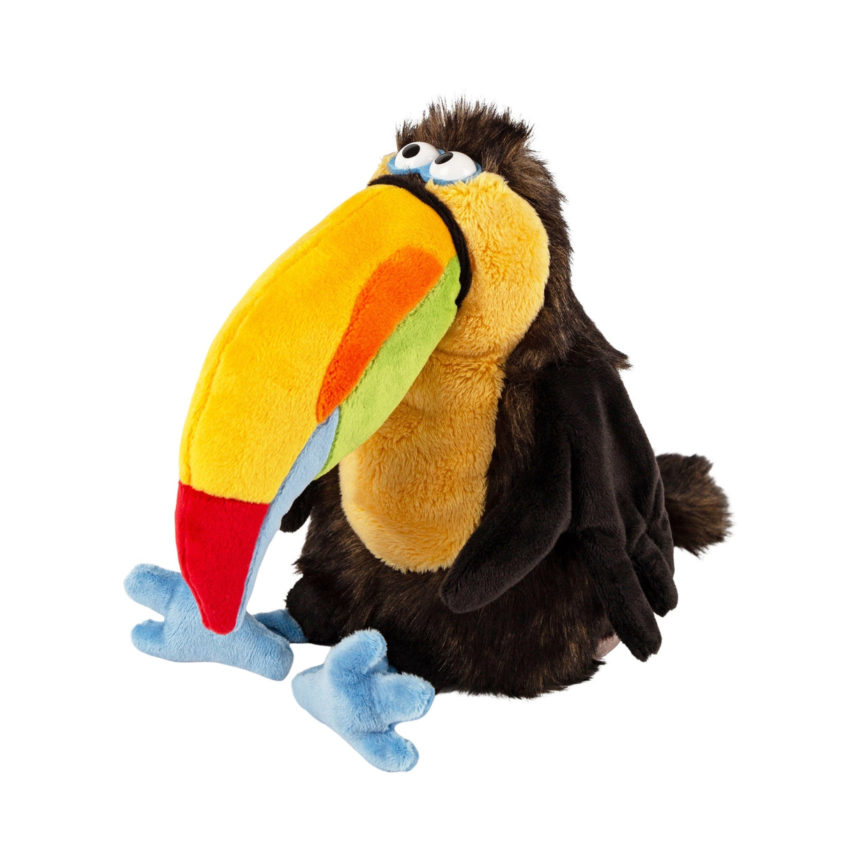 Chakka Tukan Toucan plush with large colorful beak, fluffy black body, and soft blue feet for kids aged 3 and up.