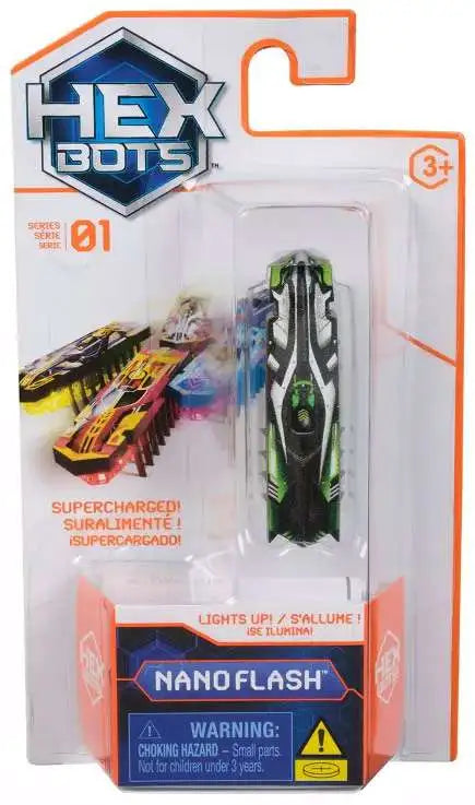 Hex Bots Nano Flash electronic toy in packaging with green and black design and LED lights, for kids ages 3 and up.