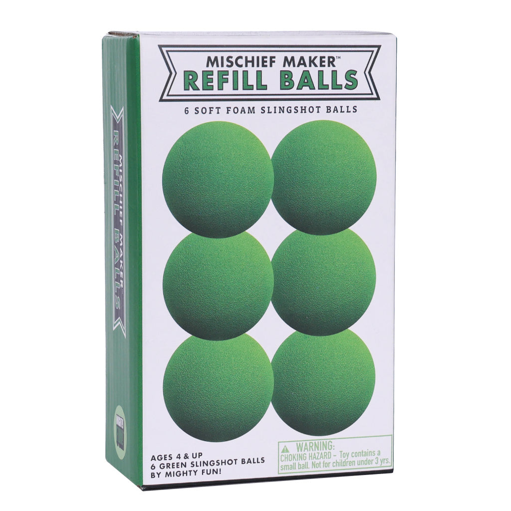 Slingshot Refill Balls pack of 6 soft green foam balls for Mighty Fun slingshots, safe for ages 4 and up.
