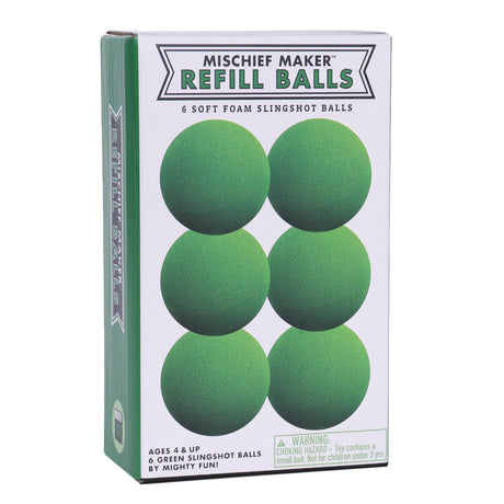 Slingshot Refill Balls pack of 6 soft green foam balls for Mighty Fun slingshots, safe for ages 4 and up.