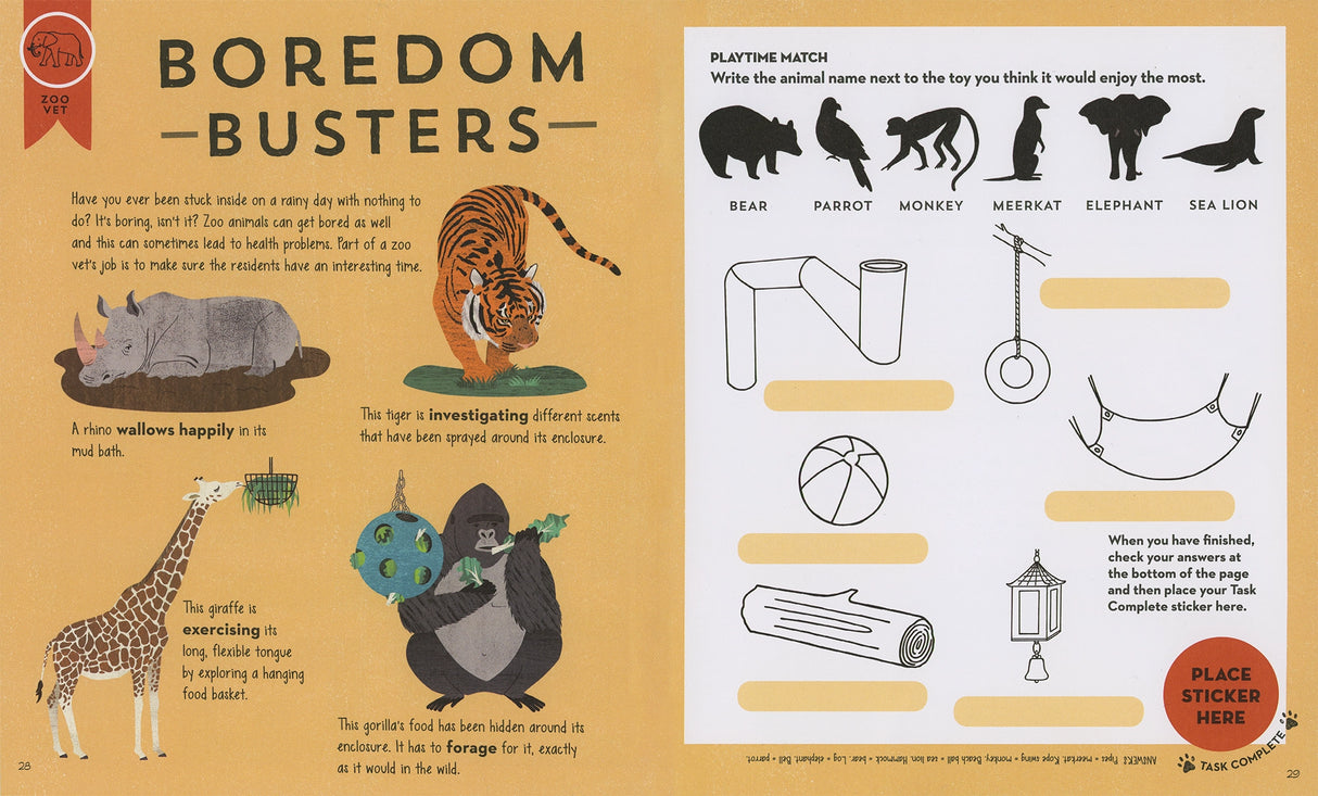 Open pages of Vet Academy showing animal facts, activities, and a sticker game to engage kids in veterinary science.