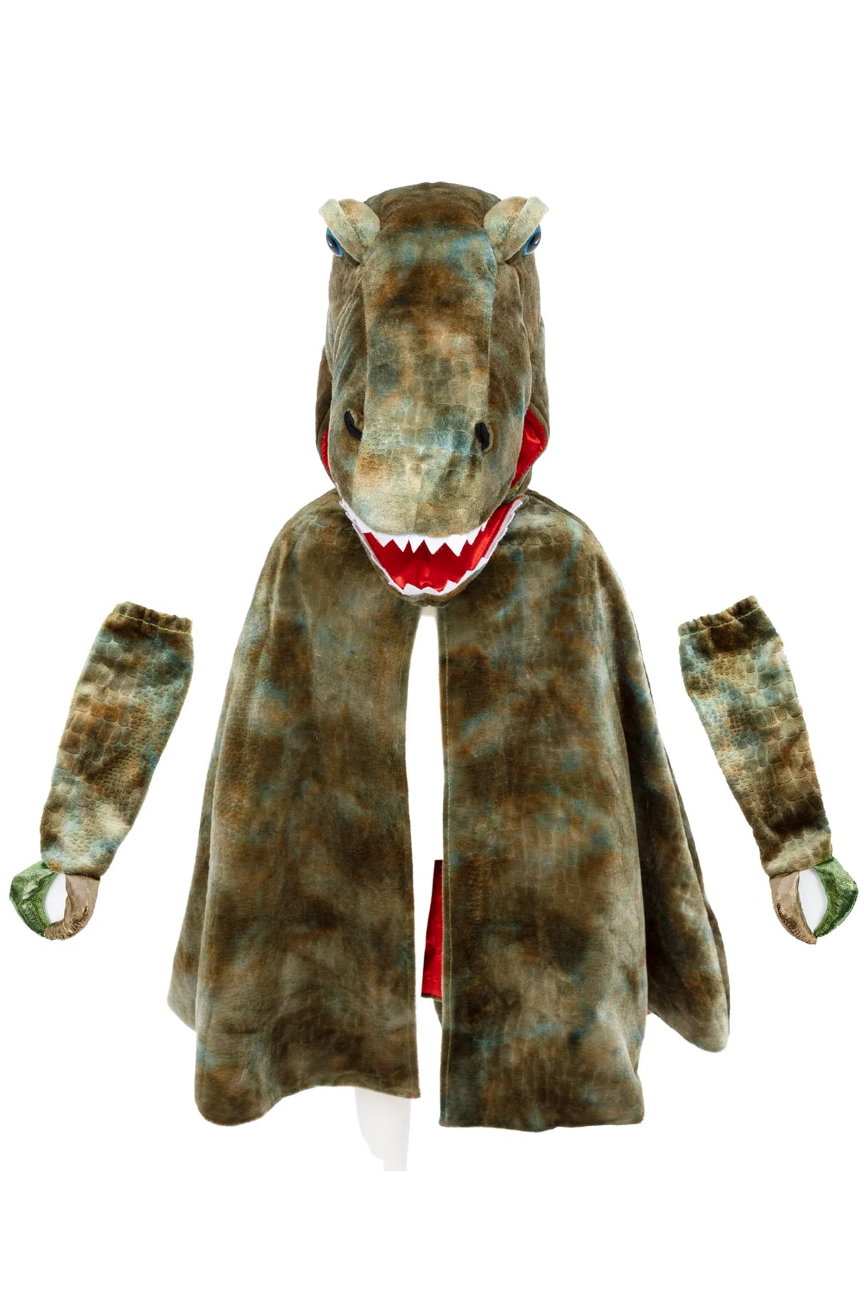 Grandasaurus T Rex Cape with Claws featuring a full dinosaur head and matching clawed sleeves for kids ages 4-6.