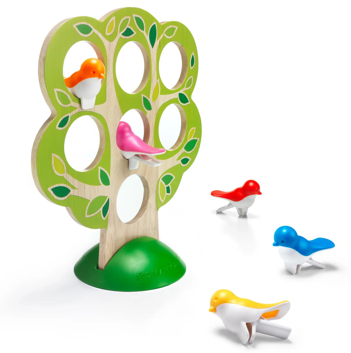 5 Little Birds wooden tree puzzle with colorful bird clips for logic and deduction challenges for kids and adults.