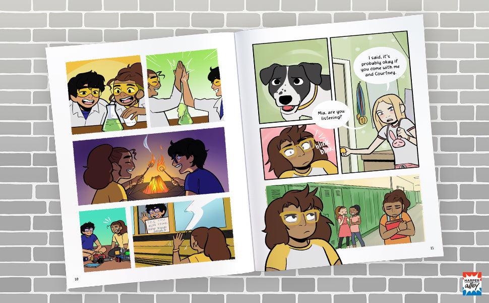 Wires Crossed book open showing colorful middle school friends, campfire, and school scenes in graphic novel style.