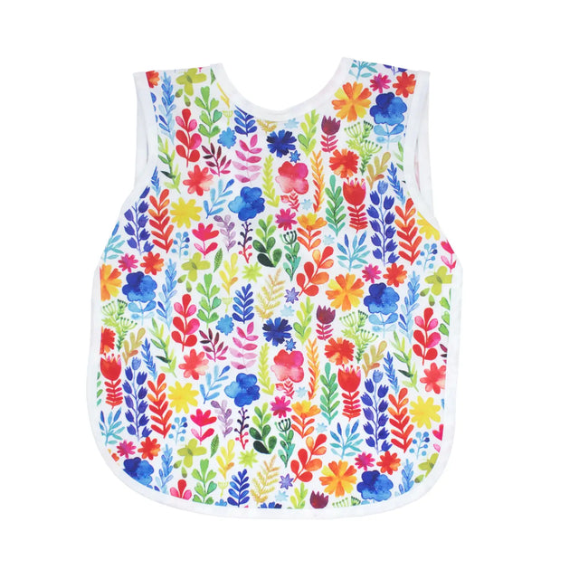 Bapron | Rainbow Watercolor 6M-3T toddler bib-apron with vibrant floral pattern, waterproof and baby-safe fabric.