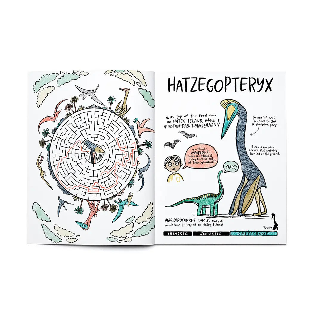 Open coloring and activity book featuring a maze and illustrations of Hatzegopteryx dinosaur with fun facts and jokes