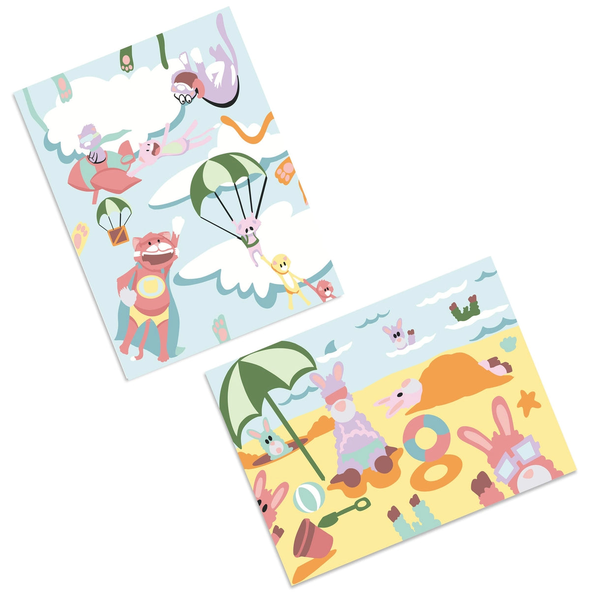 Paint By Number Cats & Llamas kit showing colorful canvases of cats in the sky and llamas at the beach scenes.