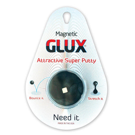 Magnetic Glux Putty in packaging, showcasing black magnetic putty and its bounce and stretch features.