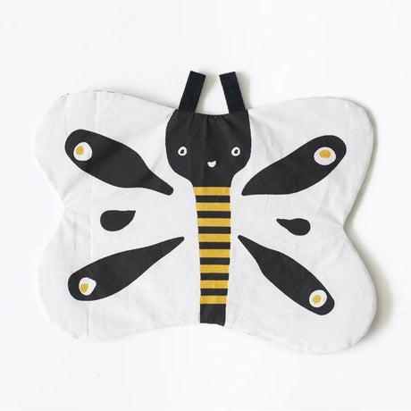 Organic Crinkle Toy Butterfly made of 100% organic cotton with black and yellow high-contrast butterfly design.
