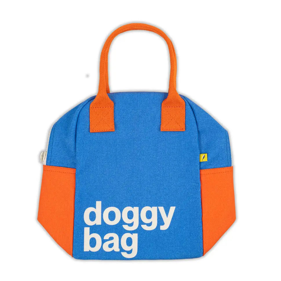 Blue and orange small lunch bag with handles and doggy bag text on front for carrying small items