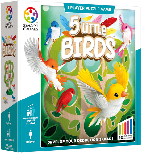 5 Little Birds puzzle game with colorful birds and a wooden tree for logic and deduction challenges.