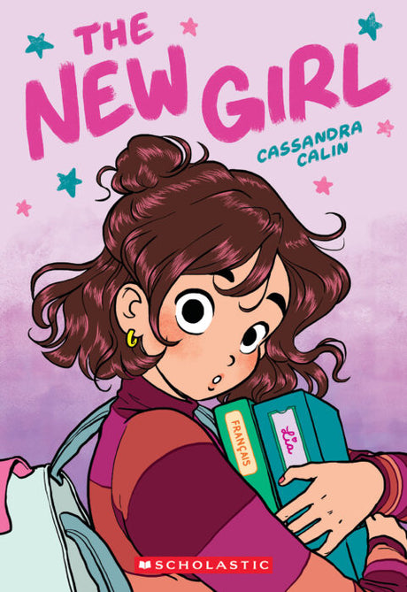 The New Girl book cover showing Lia holding books, looking surprised with purple background and title above her.