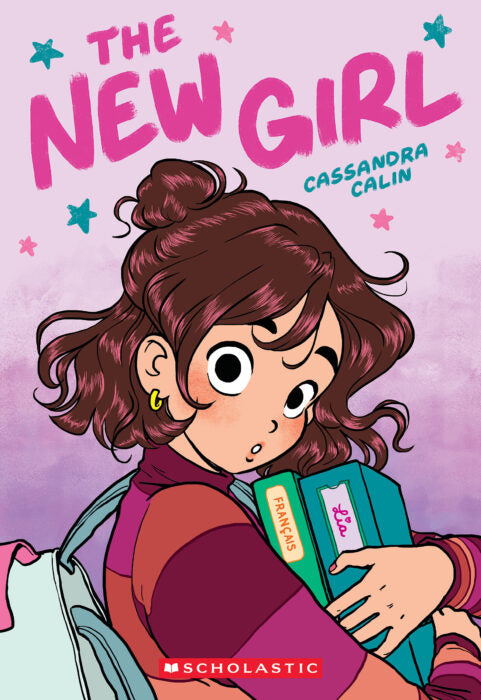 The New Girl book cover showing Lia holding books, looking surprised with purple background and title above her.