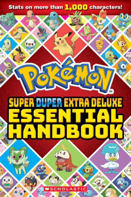 Pokemon Super Duper Extra Deluxe Essential Handbook cover featuring over 1,000 Pokémon stats and colorful illustrations.