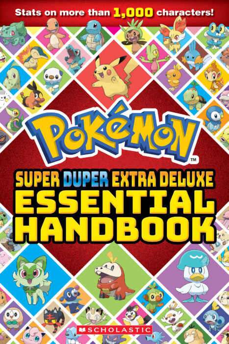 Pokemon Super Duper Extra Deluxe Essential Handbook cover featuring over 1,000 Pokémon stats and colorful illustrations.