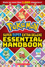 Pokemon Super Duper Extra Deluxe Essential Handbook cover featuring over 1,000 Pokémon stats and colorful illustrations.