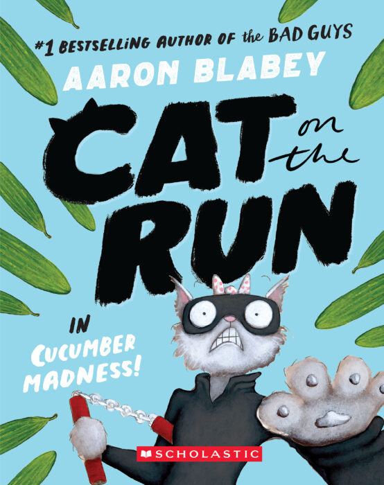 Cat on the Run #2: Cucumber Madness! book cover featuring a masked cat holding nunchucks surrounded by cucumbers.