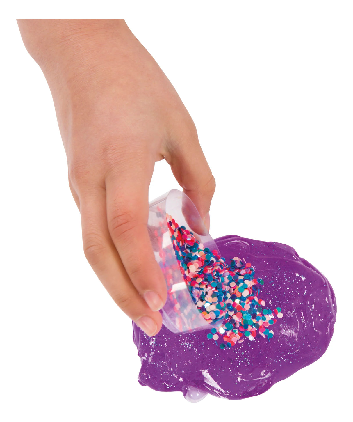 Hand pouring colorful confetti mix-ins onto purple slime from a jar for Mix-Ins Slime kit play.