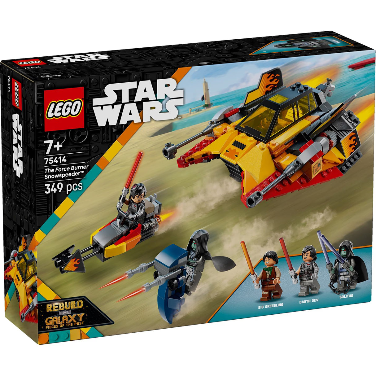 LEGO Star Wars The Force Burner Snowspeeder building set with flame details, minifigures, and launchable speeder bike