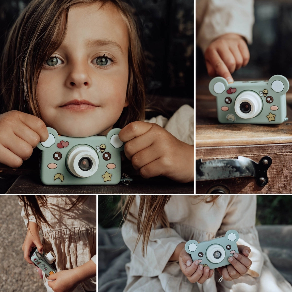 Digital Camera Model C | Mikayo the Bear held by child, playful silicone bear design, compact and kid-friendly camera.