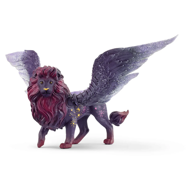 Bayala | Moon Lion figure with dark fur, purple and gold stars, glowing mane, and large detailed wings ready to take flight.