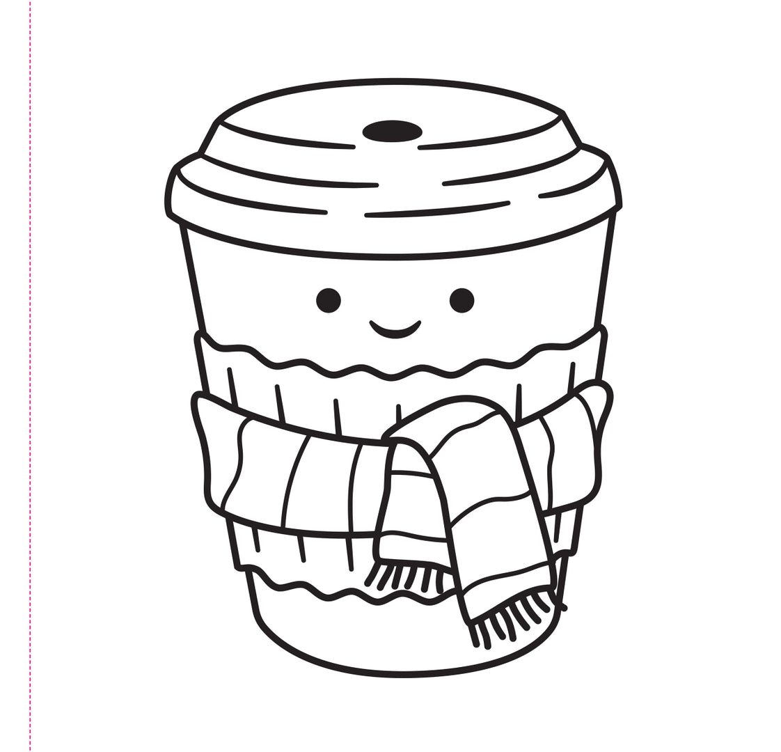 Cute coffee cup with a smiling face wrapped in a cozy scarf line drawing for coloring book page