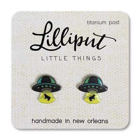 UFO Earrings with medical-grade titanium posts, hypoallergenic, waterproof, fade-resistant, and handmade in New Orleans.