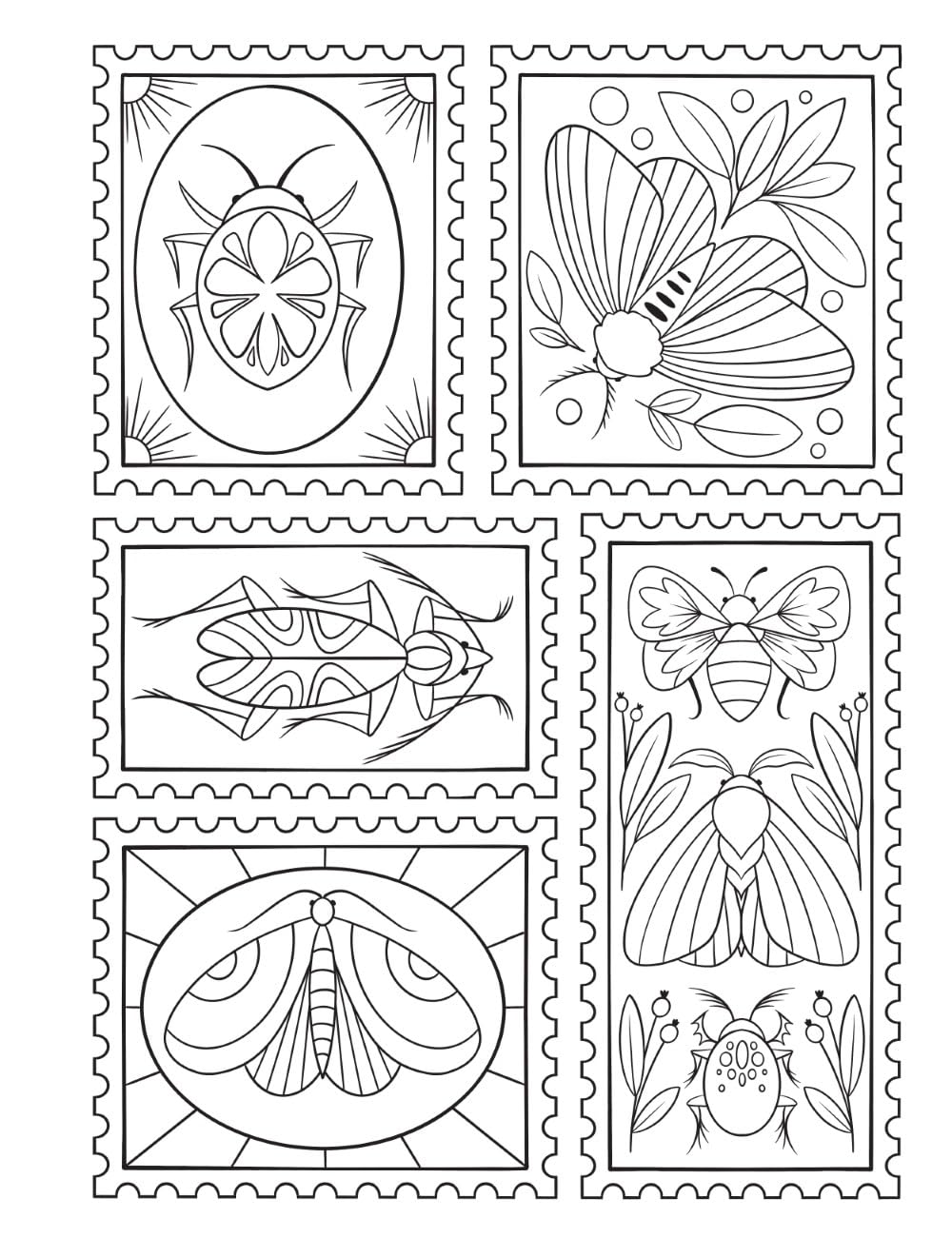 Boho Bugs Coloring Book page with detailed line drawings of various insects in a bohemian style for coloring.