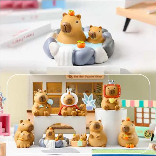 Capybara Figurine Vol 1 Blind Box showing various cute capybara figurines in different poses and costumes.