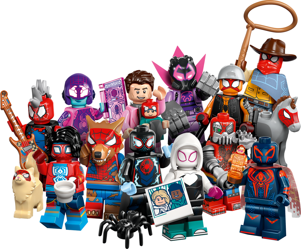 Collection of Spider-Man minifigures from Across the Spider-Verse with various costumes and accessories in vibrant colors