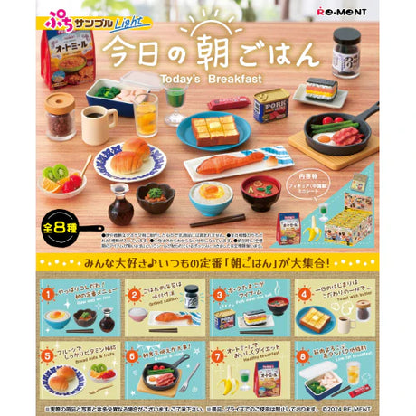 Re-Ment Breakfast Miniature Set featuring tiny detailed breakfast foods and dishes in a collectible blind box format.